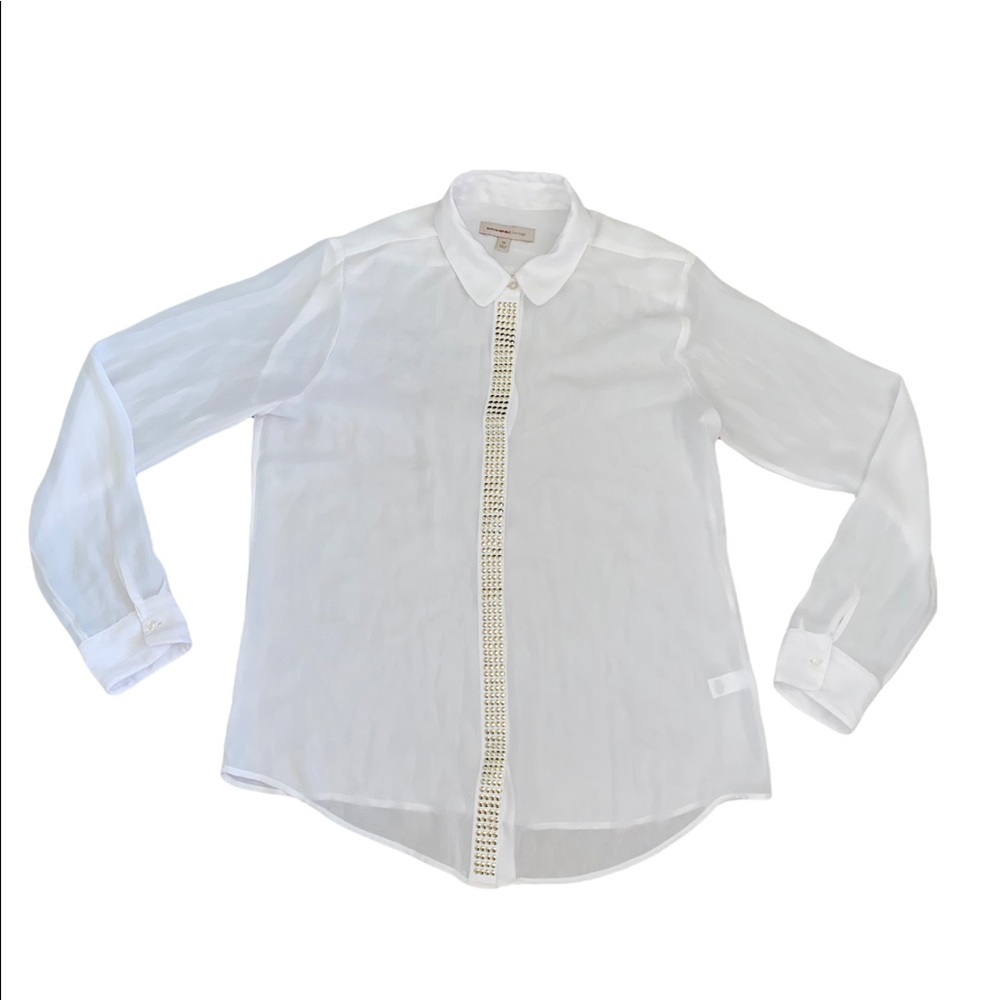 Banana Republic Heritage White Semi Sheer Gold Embellished Button Blouse sz M